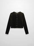 Velour Button Down Crew Cardigan-Green