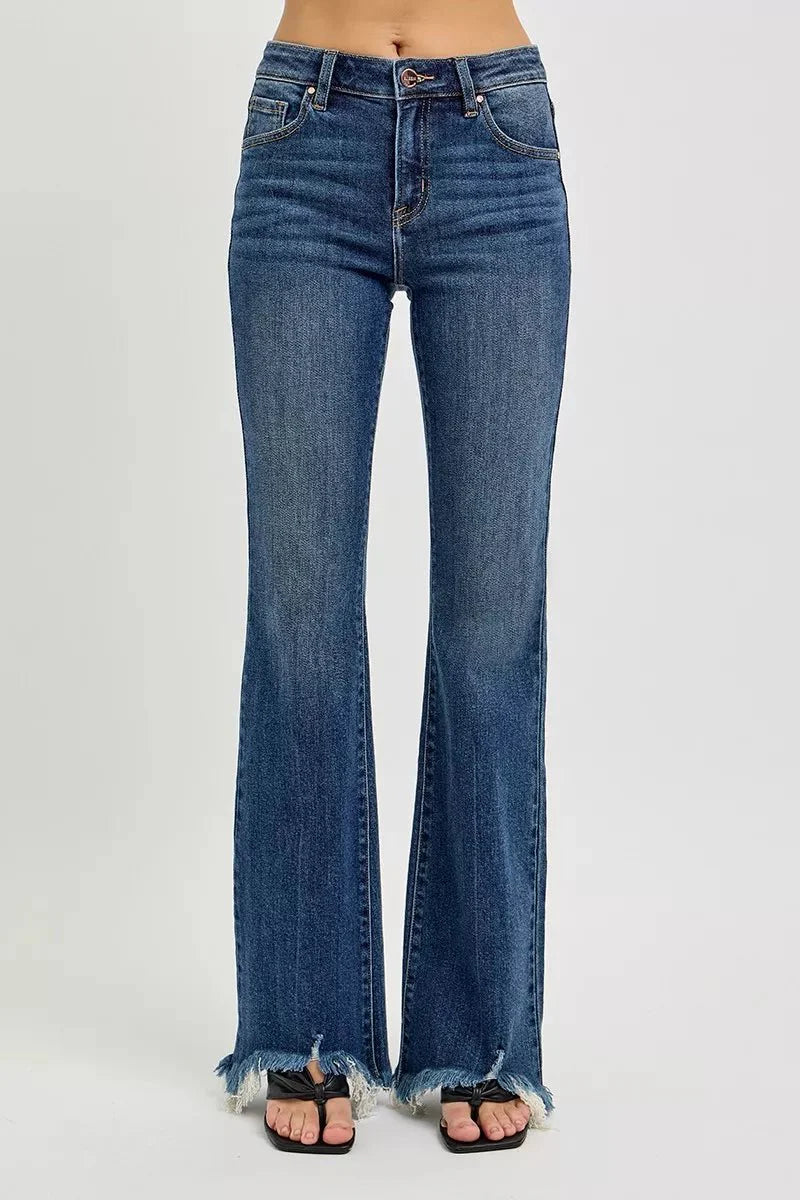 RISEN Full Size Mid Rise Flare Frayed Hem Jeans Plus Size